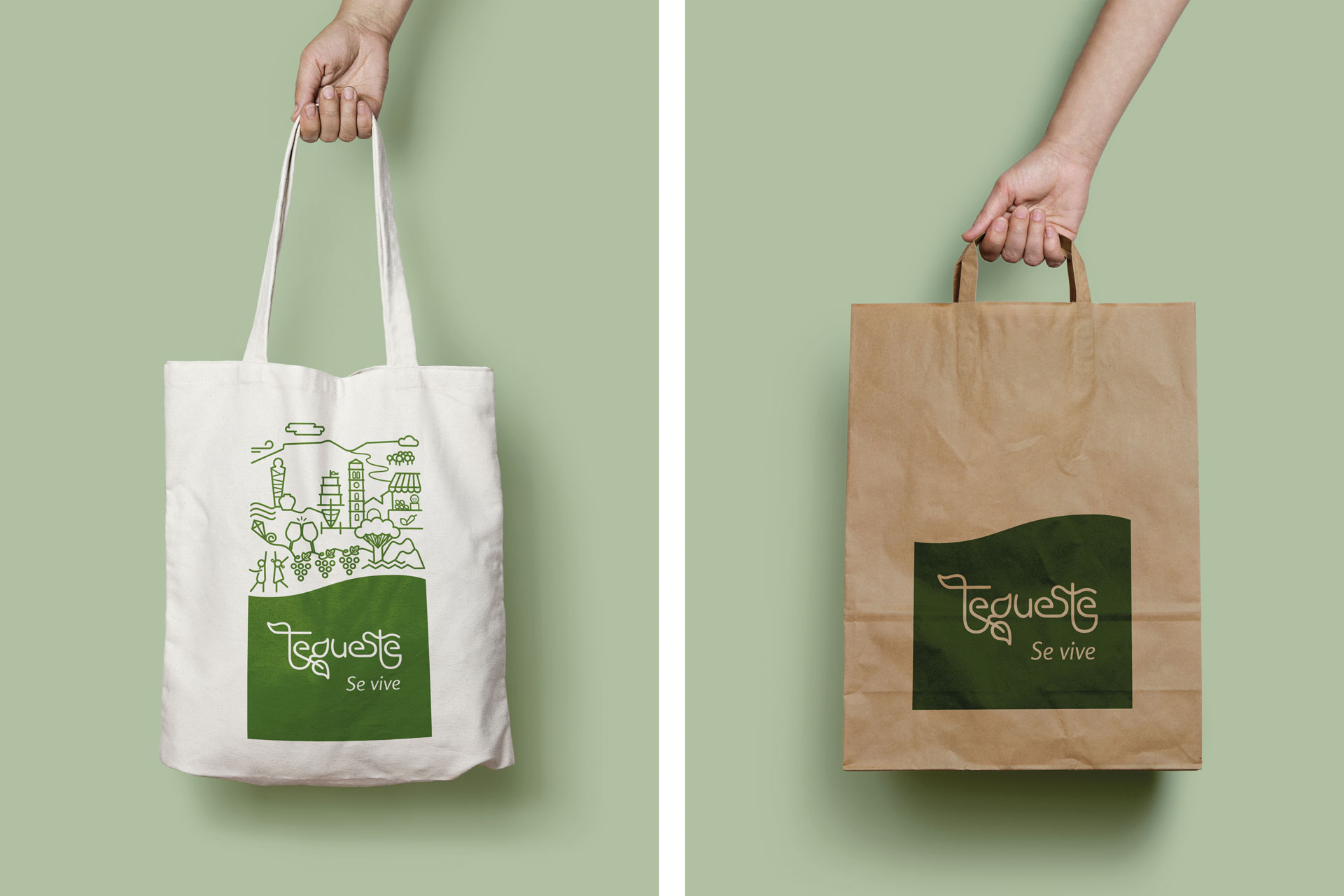 Bolsas de papel y tela con el logotipo aplicado de la marca territorio de Tegueste.